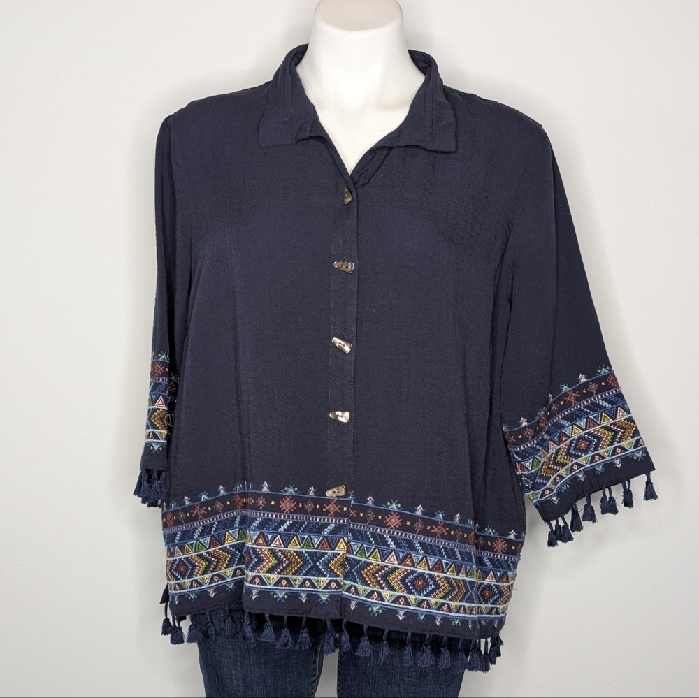 John Mark Blue Western Aztec Tassel Collared Button Up 1/2 Sleeve Top LP